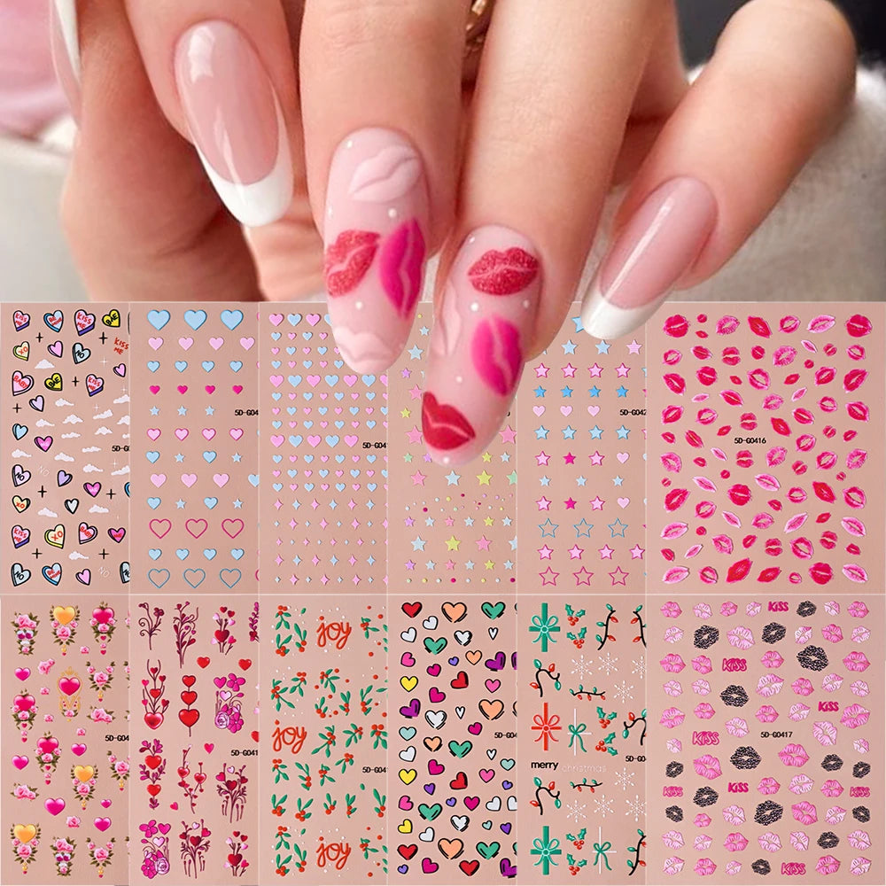 1sheet 5D Sexy Red Lips Nail Decal Stickers KISS Love Heart Valentine's Day Self-adhesive Nail Slider DIY Romantic Nail Decor