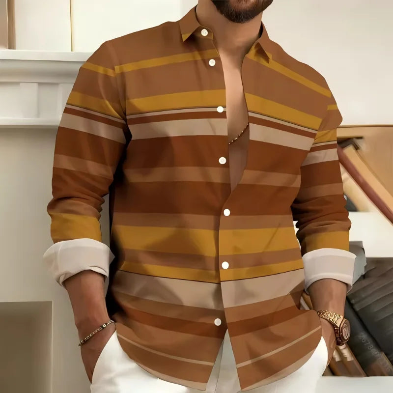 Striped Printed Men's Long Sleeved Shirt, Casual and Comfortable, Fashionable and Trendy, Street Outdoor, Soft Fabric