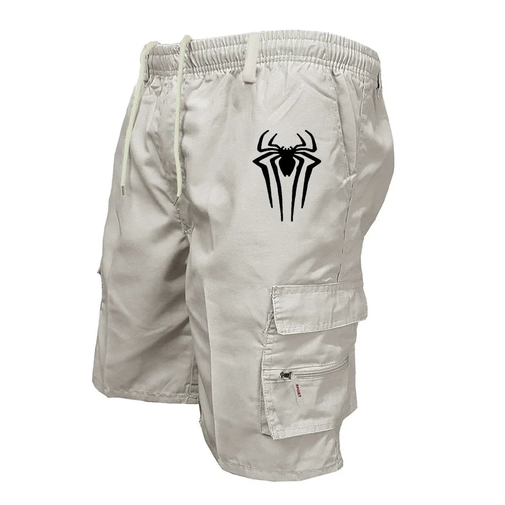 Men's Spider Print Cargo Shorts Male Outdoor Overalls Elastic Waist Cycling Shorts Multi-pockets Loose Work Beach Sports Shorts