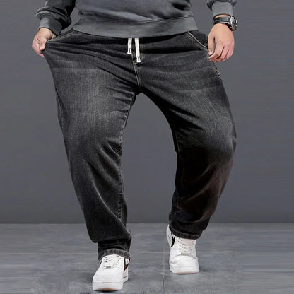Extra Big Size Jeans Men High Elastic Waist Baggy Denim Pant Male Plus Large Loose Slim Fit Cowboy Trouser 8XL 6XL Classic Black