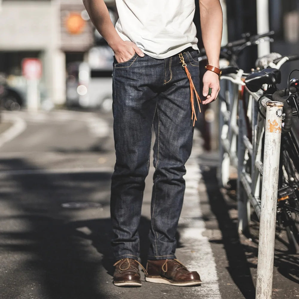 Maden Vintage Raw Denim Jeans for Men 14.8 OZ Jeans Denim Washed Straight Tapered Fit Pants Mid Waist Casual Trousers
