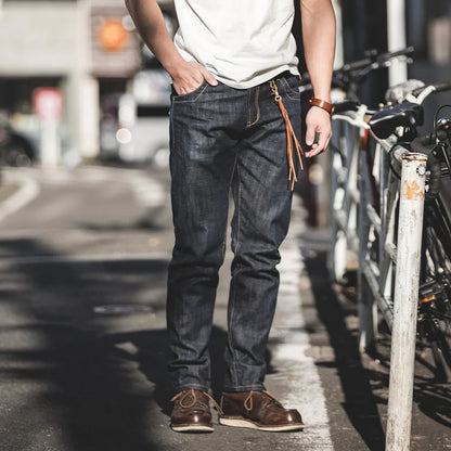 Maden Vintage Raw Denim Jeans for Men 14.8 OZ Jeans Denim Washed Straight Tapered Fit Pants Mid Waist Casual Trousers