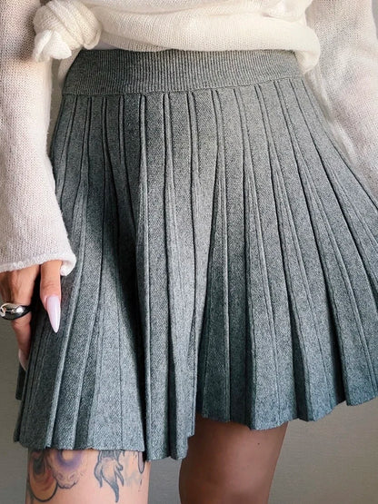 Autumn Knit White Mini Pleated Skirts For Women A Line Skirt Gray High Waist Women Knitted Pleated Short Skirts Korean Fashion