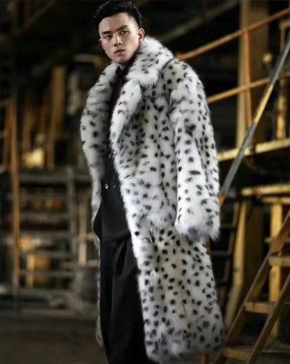 Leopard Men Winter Thick Hooded Faux Fox Fur Coat Jacket Long Sleeve Warm Luxury Fur Black Parkas Bontjas Furry Shaggy Outerwear
