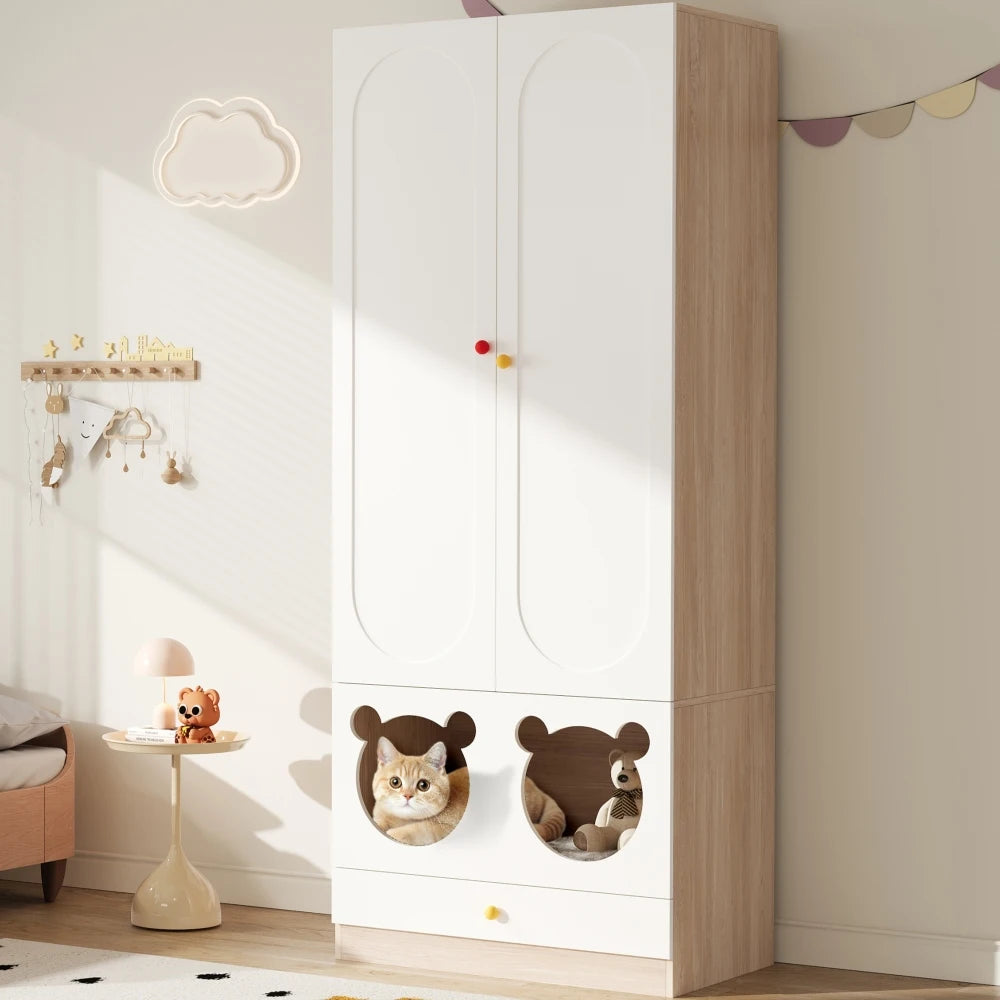 80x50x200cm Kids Wardrobe with Hanging Rod Integrated Cat Bed Design Lacquered Board and Particle Board with Colorful Ceramic Handles White and Natural Wood Color Multifunctional Storage Cabinet Suitable for Bedroom Home Furn