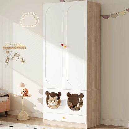 80x50x200cm Kids Wardrobe with Hanging Rod Integrated Cat Bed Design Lacquered Board and Particle Board with Colorful Ceramic Handles White and Natural Wood Color Multifunctional Storage Cabinet Suitable for Bedroom Home Furn