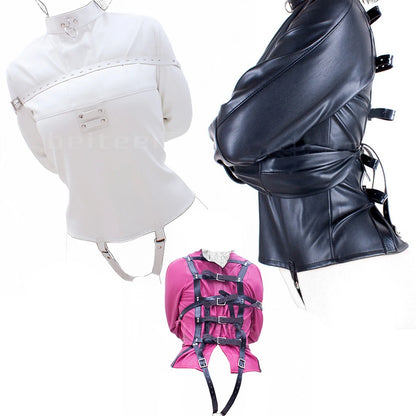 PU Leather Straight Jacket Bondage Women's Sexy Lingerie Open Crotch Straight Jacket Body Harness Restraint Armbinder BDSM