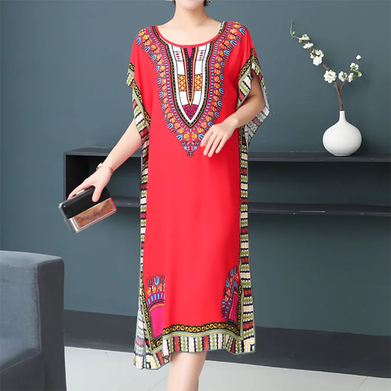 Casual Elegant Bohemian Printed Ethnic Style Retro Floral Woman Summer Street Wear Batwing Sleeve Loose Tunic Maternity Dress