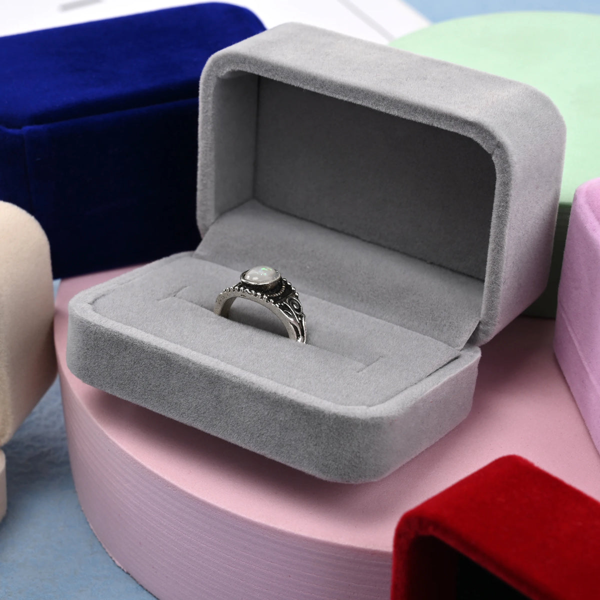 Velvet Ring Box Couple Double Ring Earrings Display Holder Case Proposal Engagement Wedding Marriage Anniversary Jewelry Packing