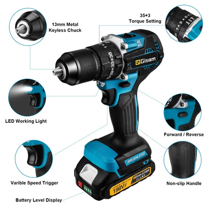 Gisam 13mm 35+3 Torque Brushless Electric Impact Drill Cordless Drill Electric Screwdriver Power Tool For Makita 18V Battery Pin