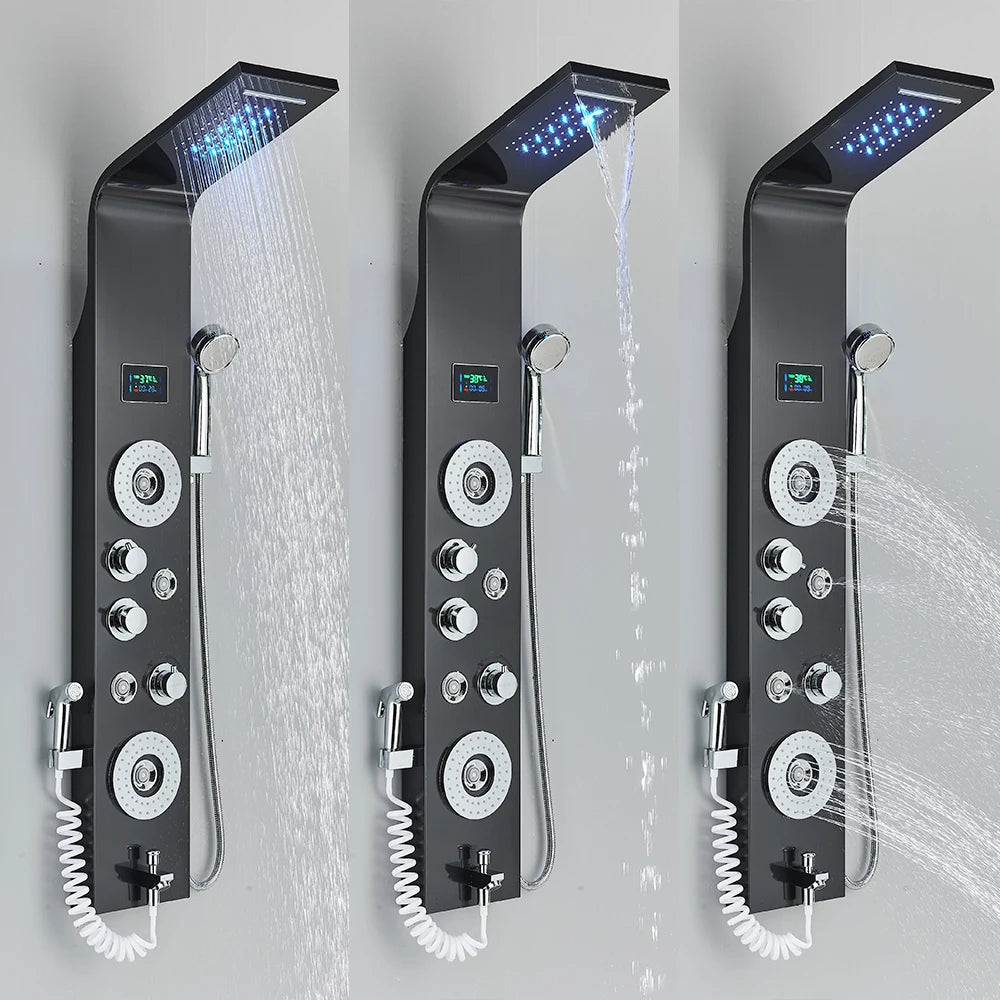 Black LED Light Shower Faucet Bathroom SPA Massage Jet Shower Column System Waterfall Rain Shower Panel Bidet Sprayer Tap