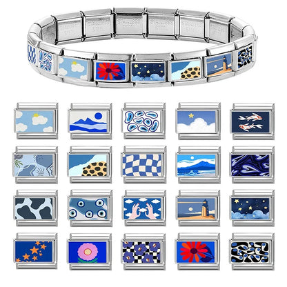 Fashion Blue NO.8 Ball Panda Elephant Cat Flower Italian Charms Fit 9mm Stainless Steel Women Fashion Bracelet DIY Jewelry Gifts