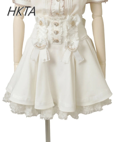Japanese Liz Skirt High Waist Thin Kawaii Cute Bow Lolita Skirts Women Summer New Elastic High Waist Ruffle Short Pleated Skirt