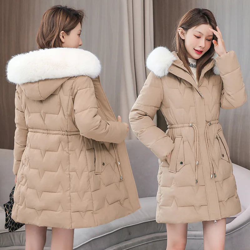Hooded Women Parkas Coats Mid LenthJackets  Oversize Solid Fur Collar Zipper Drawstring Waist Loose Casual 2025 Autumn Winter