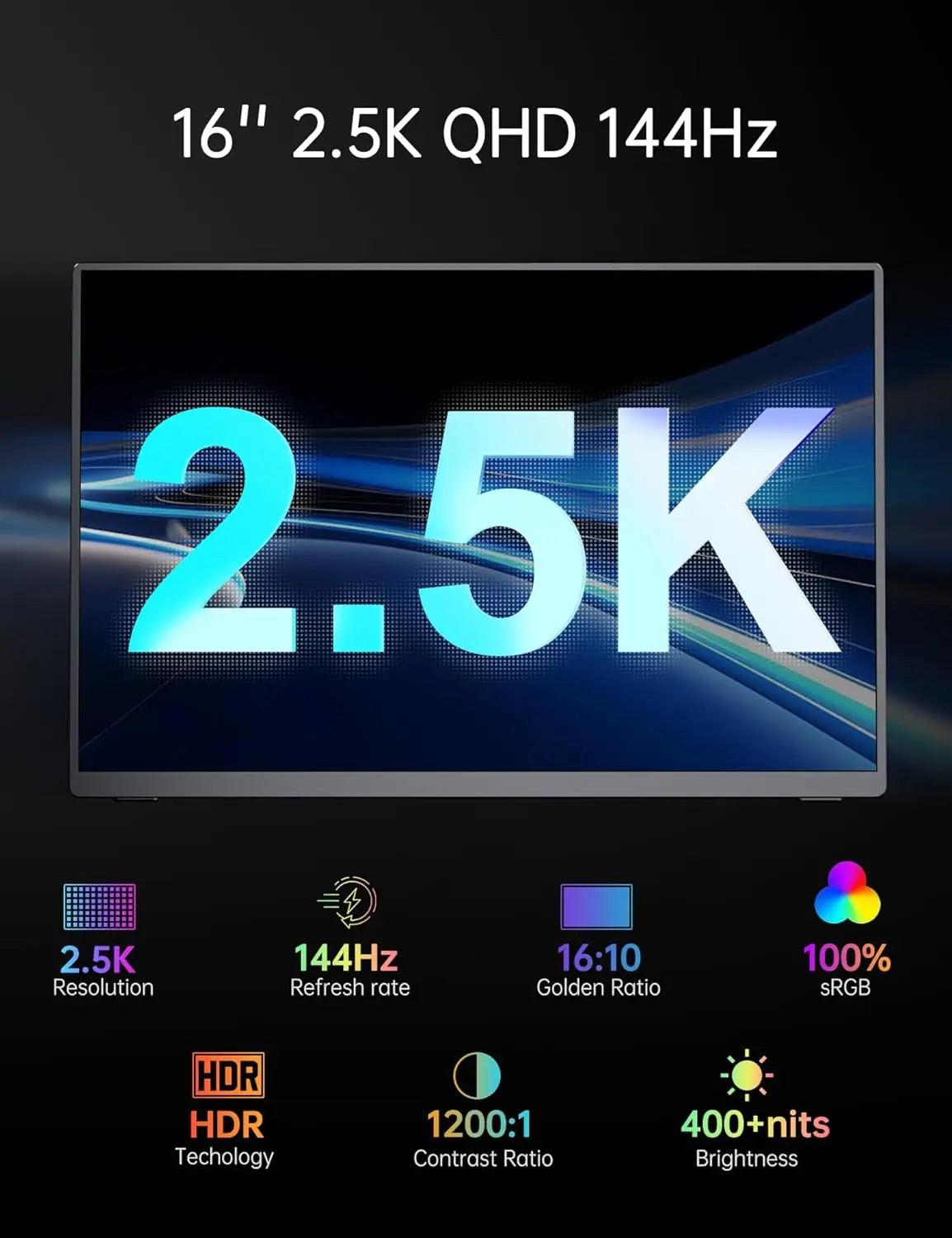 UPERFECT 2K 144Hz Gaming Monitor 16' Portable Display 100%sRGB W/HDMI USB C Screen For PS5 Steam Deck Switch XBOX Laptop PC