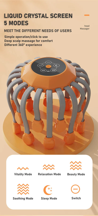 20 Massage Heads Orange Scalp Massager - Red Light Vibrating Octopus Scratcher for Relaxation, Stress Relief