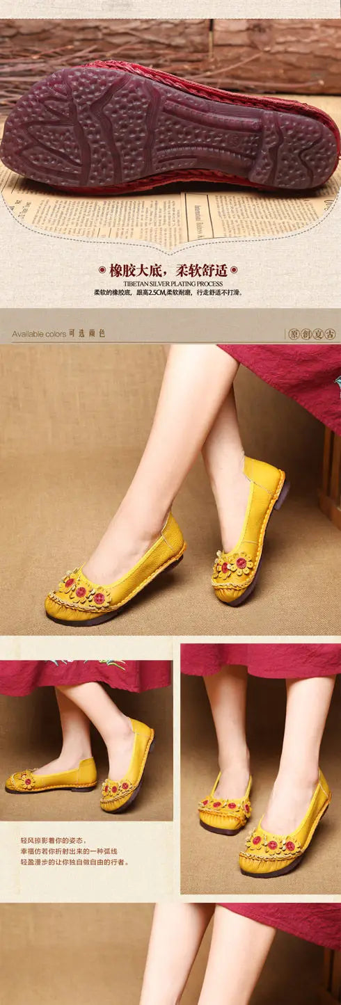 Vintage Flower Moccasins Woman Genuine Leather Ballet Flats Ladies Hollow Slip Ons Women's Luxury Loafer Purple Walking Shoes 42