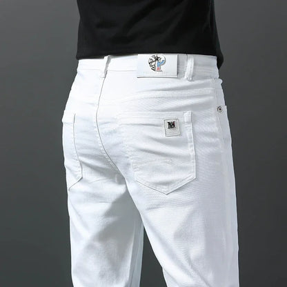 2026 Spring New Men Slim Jeans 98% Cotton White Stretch Straight Casual Fashion Pencil Pants High Quality Trousers Male Clothes