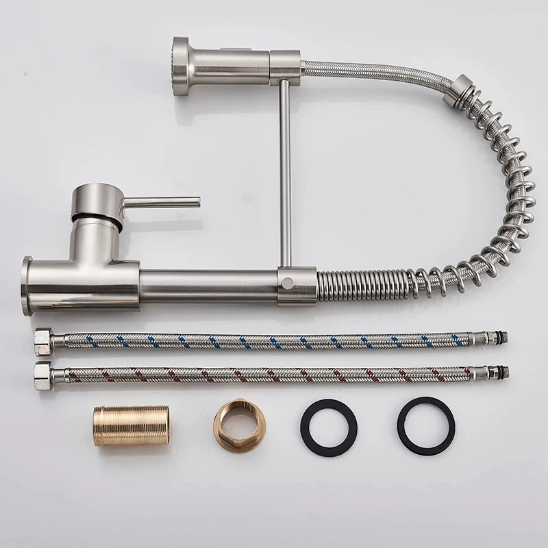 Kitchen Faucets Brush Brass Faucets for Kitchen Sink Single Lever Pull Out Spring Spout Mixers Tap Hot Cold Water Crane