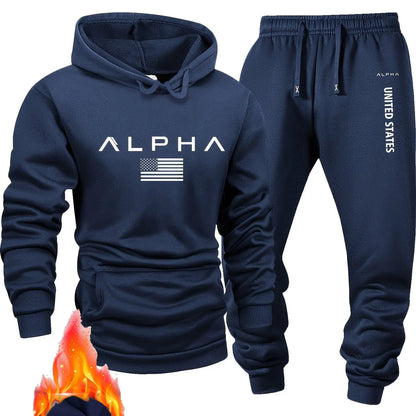 Men casual sportswear set  Fashionable American-style letter printed fleece pullover and fitted sweatpants set highly versatile