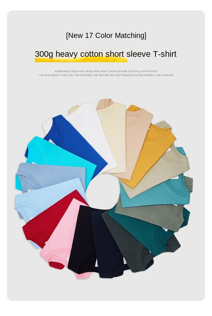 Beige 300g Heavyweight Cotton T-shirt, Loose Summer Round Neck Basic Tee for Men & Women