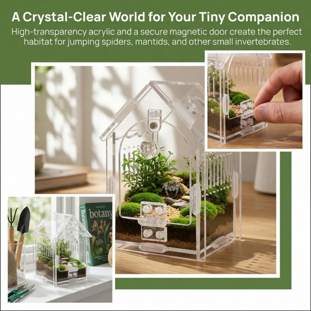 Portable Jumping Spider Enclosure Front Opening Removable Reptile Terrarium with Feeding Port Transparent
