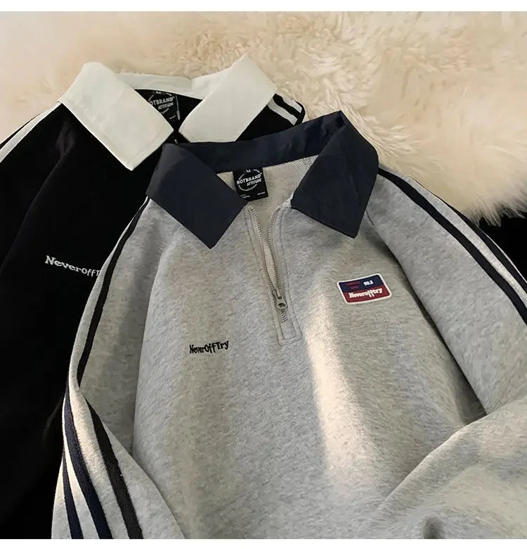 American Style Autumn Winter Oversize Sweatshirts Men Lapel Letter Zipper Printing Label Fashion Trend Long Sleeve Loose Hoodies