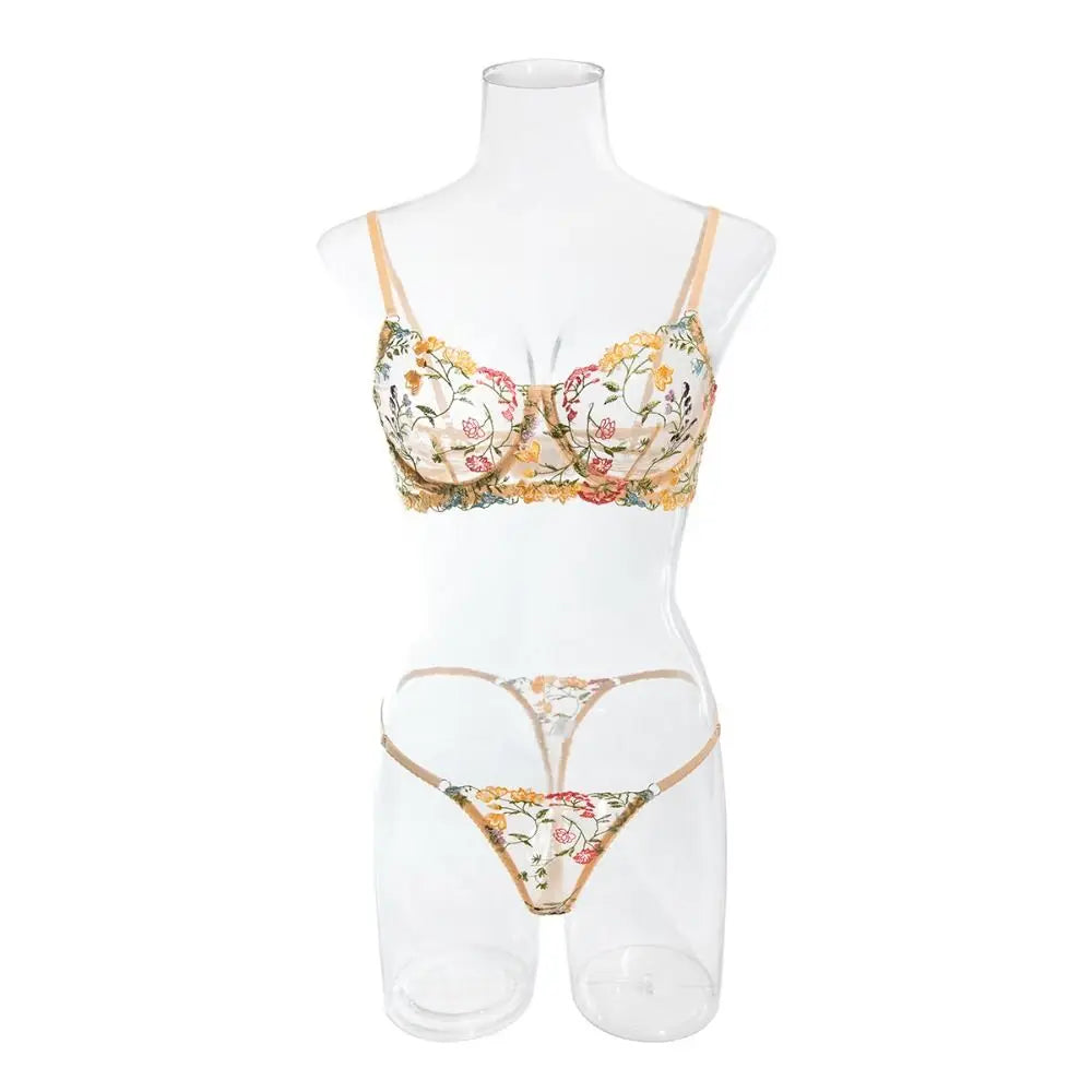 2-Piece Embroidery Lingerie Set Sexy Floral Sheer Wireless Bra Boho Bra Panty Set