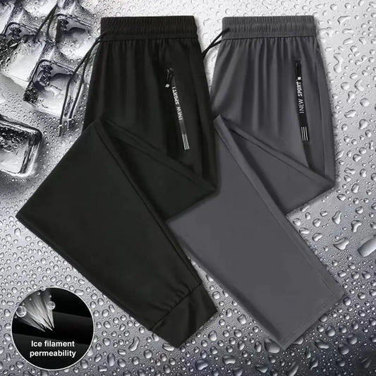 Men's Summer Ice Silk Pants Mesh Quick drying Ankle-banded Breathable Casual Thin Pants Loose Elastic Pants Sports Trousers