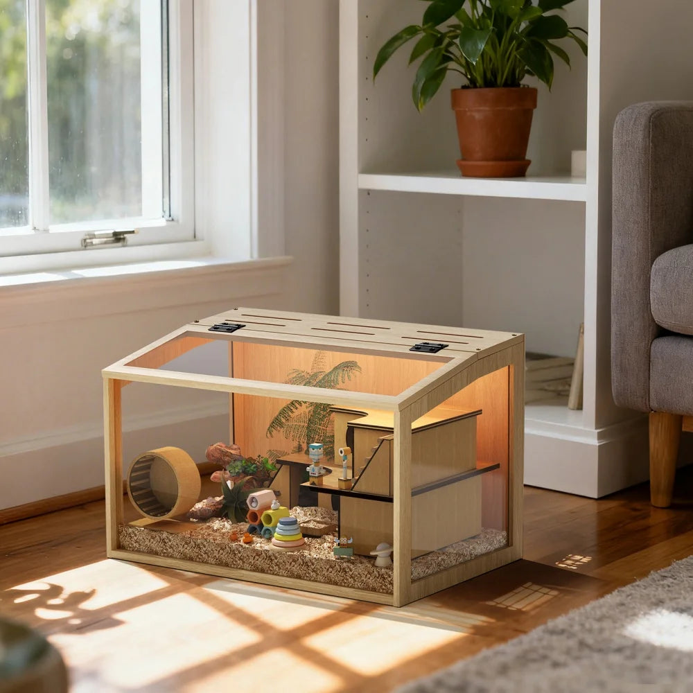 Large Wooden Hamster Cage Clear Tempered Glass Pet Small Animal Habitat Cage Playful Hutch House