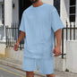 2025 summer new men's suit leisure solid color jacquard round neck fashion all-match short-sleeved T-shirt drawstring shorts set