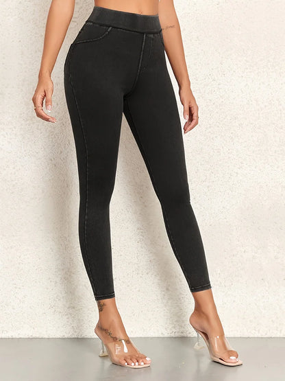 2025 New Fitness Imitation Jeans leggings Women High Waist Elastic Butt Lift Pocket Yoga Casual Leggings Slim Skinny Jeggings