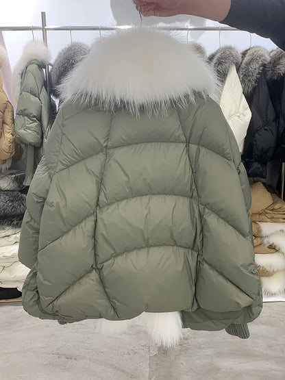 Oversized Winter Warm Real Fox Fur Collar Black Down Coat Women Puffer Outerwear Jackets 2024 Autumn Winter