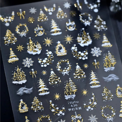 5D Embossed Gold Castle/Garland/Christmas Tree Nail Stickers White Snowflakes Bow Star Nail Decals Self-Adhesive Xmas Nail Decor