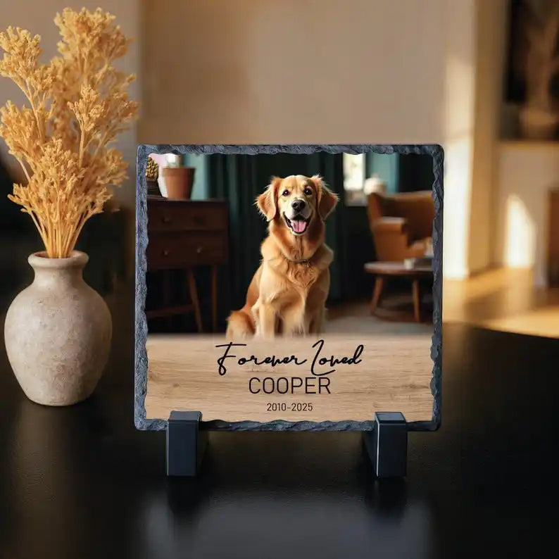 Personalized Pet Photo Name Slate Memorial Stone Custom Engraved Grave Marker Dog Loss Remembrance Keepsake Gift Souvenir