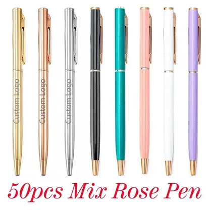 50 Pcs Metal Ballpoint Pen Rose Gold Pen Custom Logo School&office Supplies Stationery Business Gift Lettering Engraved Name