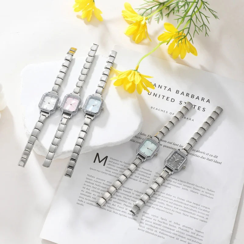Fashion High Quality Men Women's Stainless Steel Square Round Shiny Zircon Watch Bracelet For Friend Birthday DIY Jewelry Gift