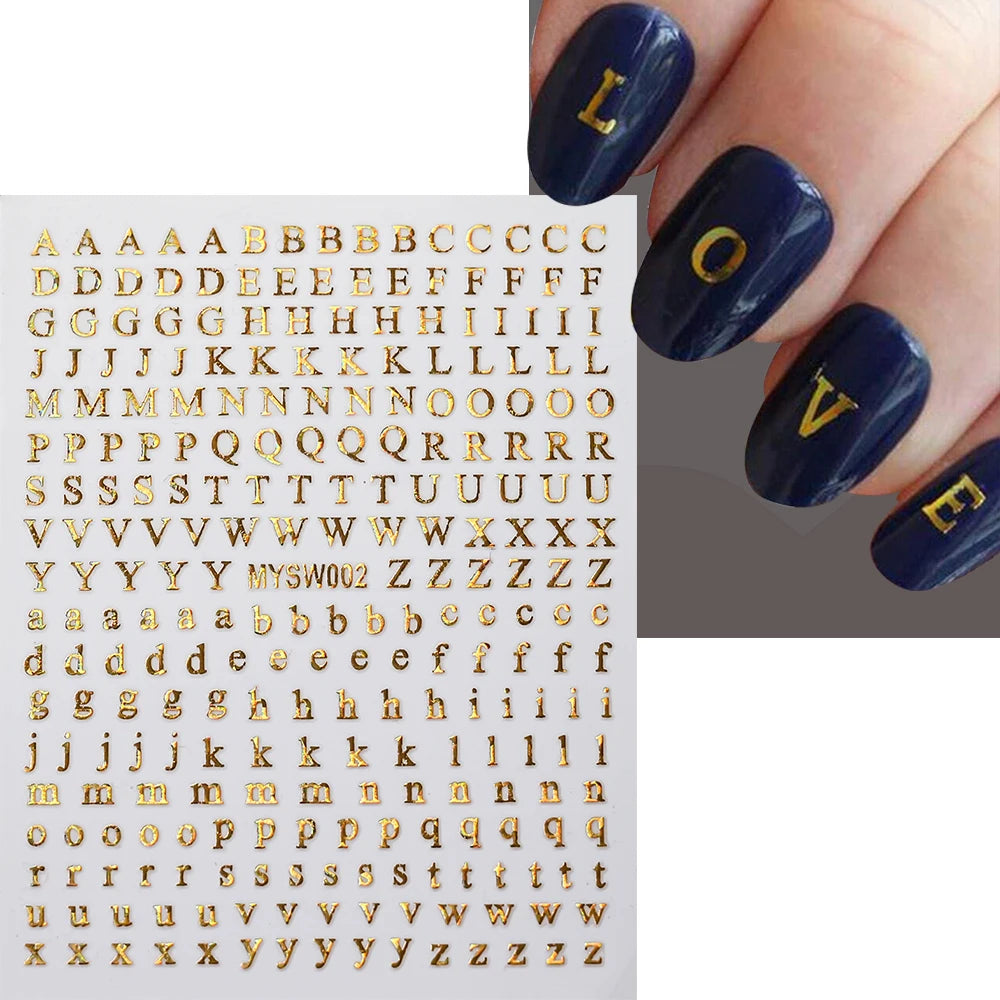 1Pc 3D Roman Letter Nail Stickers Gold/Silver/Black/Laser Alphabet Self Adhesive Decal Y2K English Words/Number Manicure Sliders