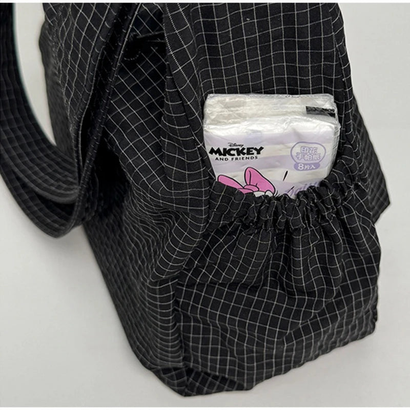 Korean Nylon Shoulder Bag Fashion Simple Plaid Zipper Tote Bag Drawstring Pleated Cloud Bag New Commuter Crossbody Shoulder Bag