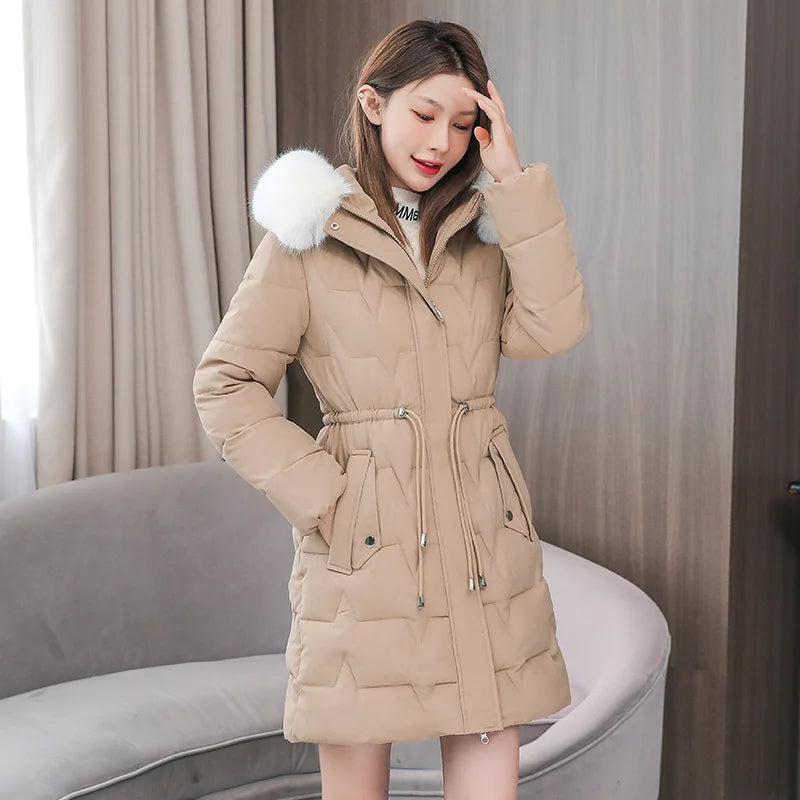 Hooded Women Parkas Coats Mid LenthJackets  Oversize Solid Fur Collar Zipper Drawstring Waist Loose Casual 2025 Autumn Winter