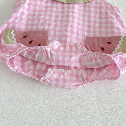 2026 Summer Childrens Clothes Watermelon Collar Baby Bodysuit with Patch Pockets Pink-white Check Girls Dress