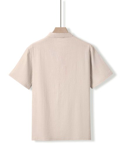 Summer Men's Cotton and Linen Shirt Casual Short Sleeved Stand Up Collar Top Breathable Loose Men's Fashionable Streetwear
