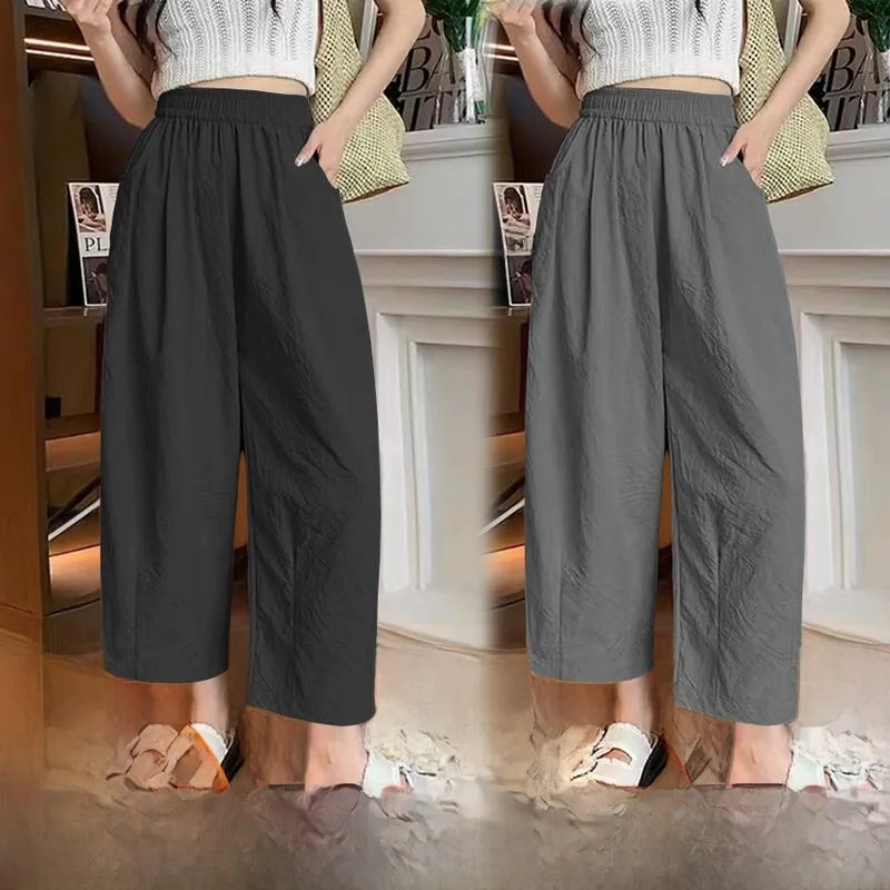 andma Sle Wide Leg Pants Nine Points Harlan Loose Fit Women's Summer Casual Trousers Two Pieces Set High Waist Elastic Wa...