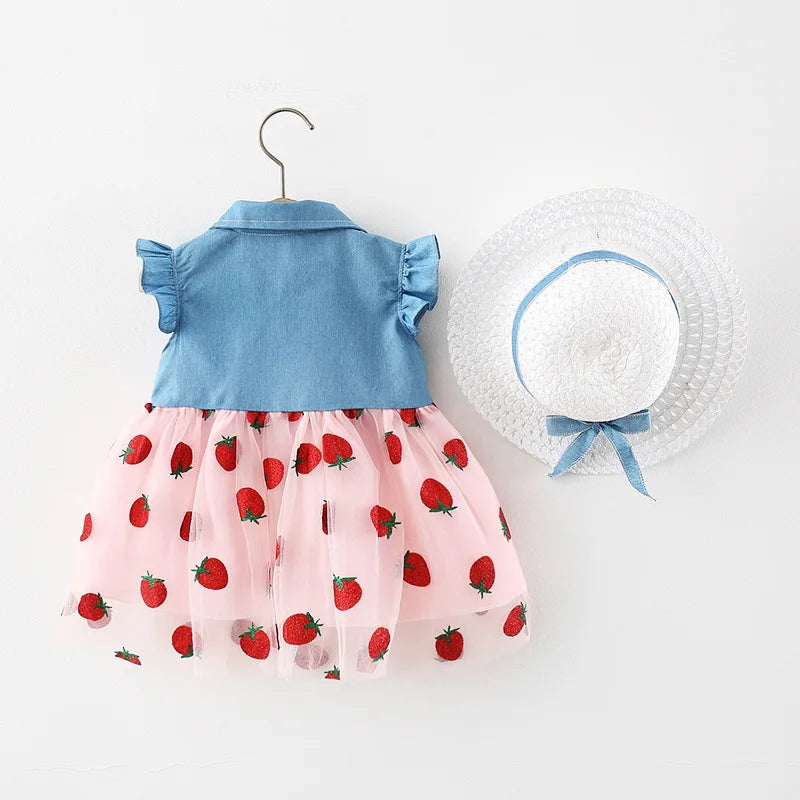 Red Strawberry Chiffon Baby Girl Dress Summer New Children'S Clothing+Hat (9 Months -3 Years Old)