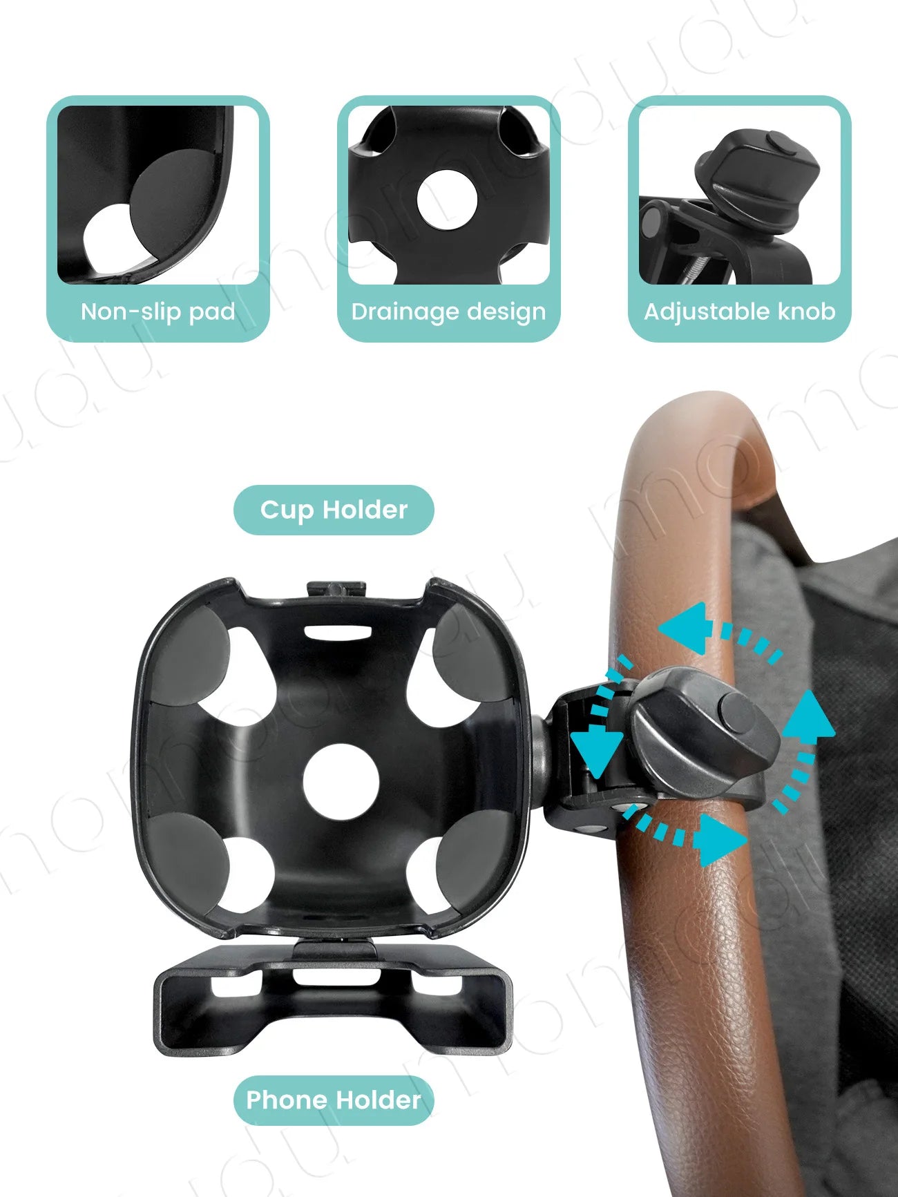 2-in-1 Large-Size Universal Stroller Cup Holder with Phone Holder - 360° Rotatable Adjustable Clamp, Detachable Stand