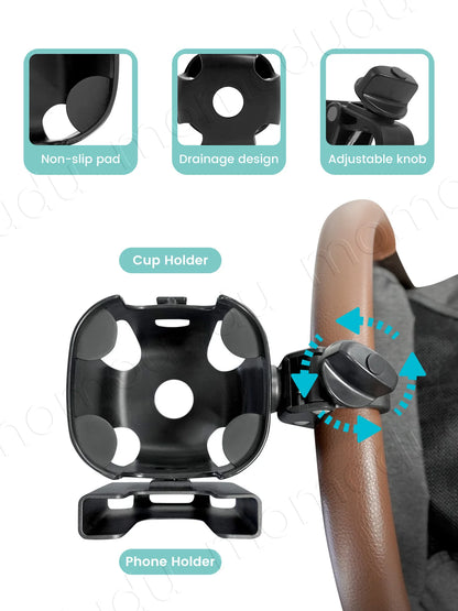 2-in-1 Large-Size Universal Stroller Cup Holder with Phone Holder - 360° Rotatable Adjustable Clamp, Detachable Stand