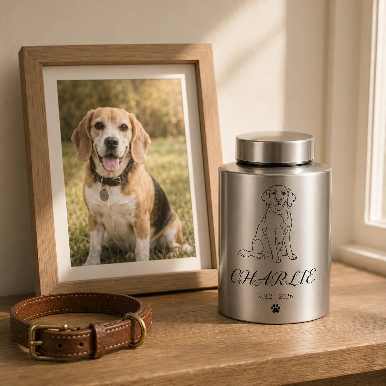 Personalized Pet Ash Urn with Photo Upload AI Minimalist Portrait Stainless Steel Memorial Cat Dog Bone Container with Custom Na
