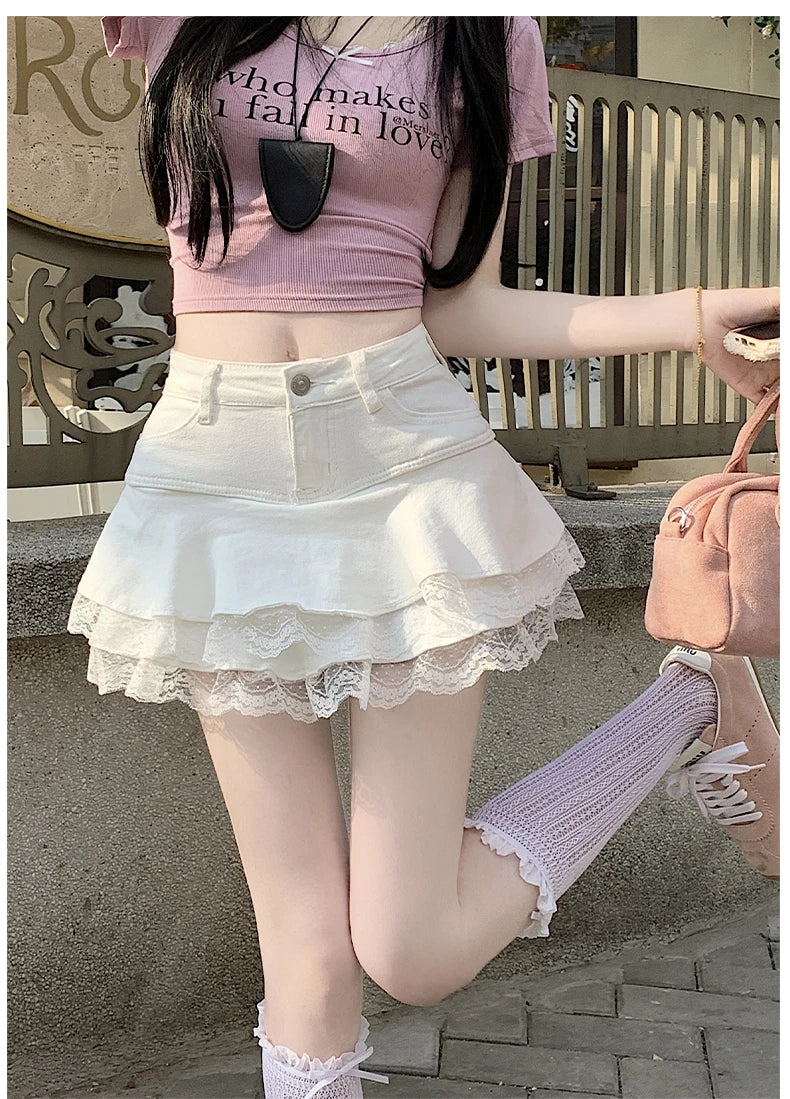 Sweet Sxey Denim Cake Skirt Women Retro Hight Waist A Line Mini Skirt Female Korean Fashion Casual Streetwear Pleated Skirt Y2K