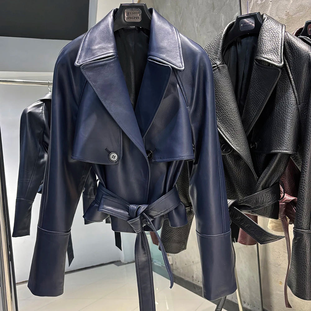 YOLOAgain Vintage Grain Leather Jacket Women Real Leather Sheepskin Jacket With Belt