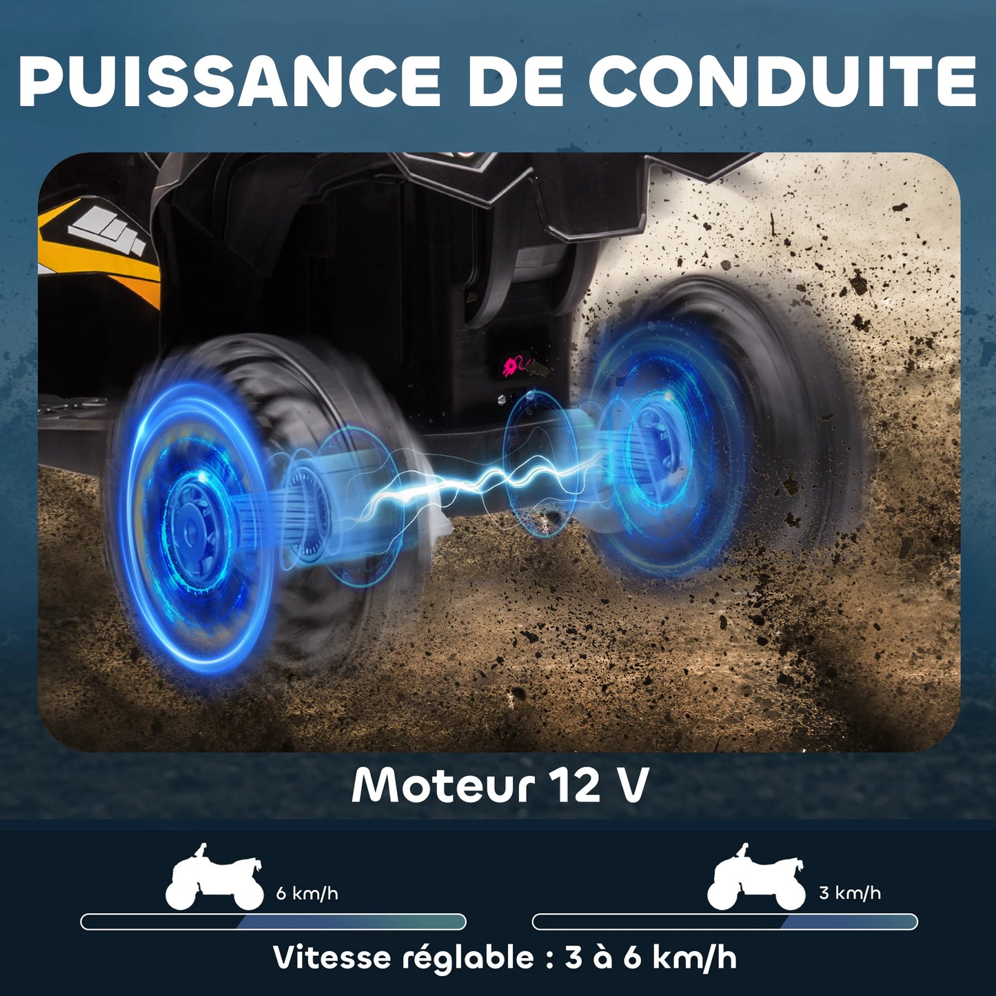 12 V electric quad for children, 2-motor electric car for kids with 2 speeds at 3–6 km/h, LED headlights and horn, suitable for 3–5 year-old children, ergonomic handle and seat, yellow